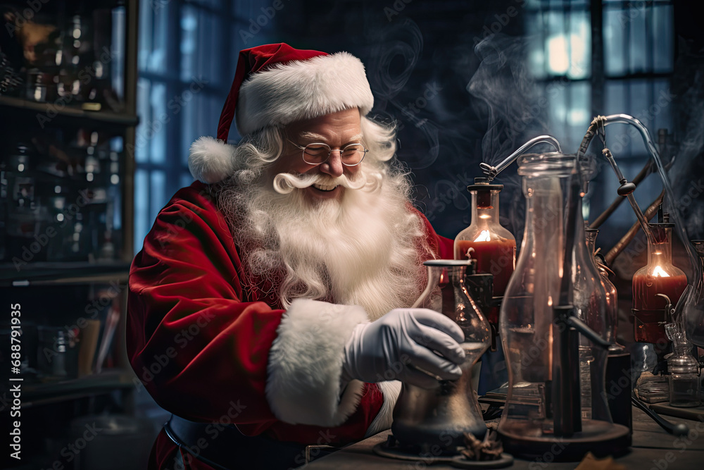 Scientist Santa Claus, Father Christmas, Saint Nicholas, Saint Nick, Kris Kringle, chemistry lab, experiements in a lab coat, red suit and hat - obrazy, fototapety, plakaty 