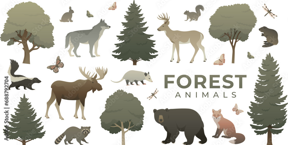 Animals and trees set. Colored flat vector illustration of forest wildlife. Biodiversity of flora and fauna collection isolated. Bear, raccoon, wolf, moose, deer, fox, beaver, skunk, opossum. - obrazy, fototapety, plakaty 