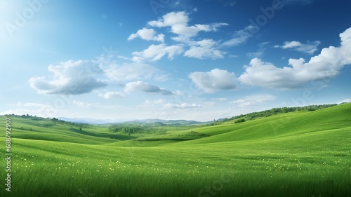 the green fields of the countryside under a blue sky