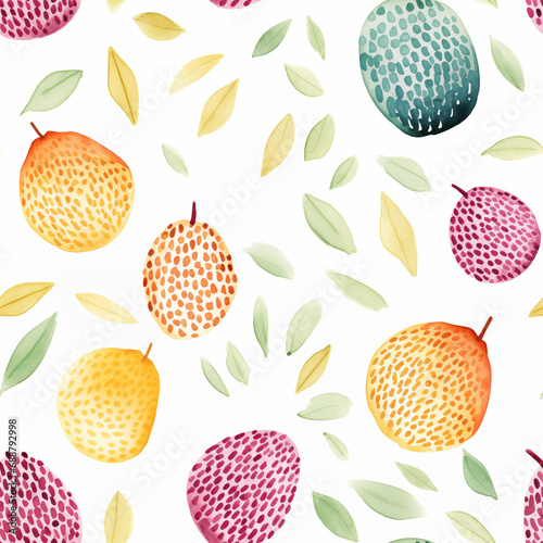 Seamless watercolor pattern with lychee and leafs. Colorful simple design elements isolated on White background for healthy vitamin food concept, gift wrap, kitchen decorations photo