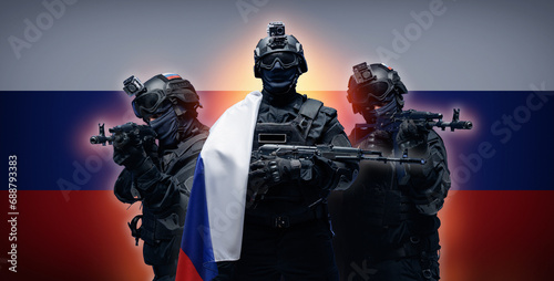 Russian soldier in uniforms on background of Russia flag with weapon gun. Rus Military army banner concept. photo