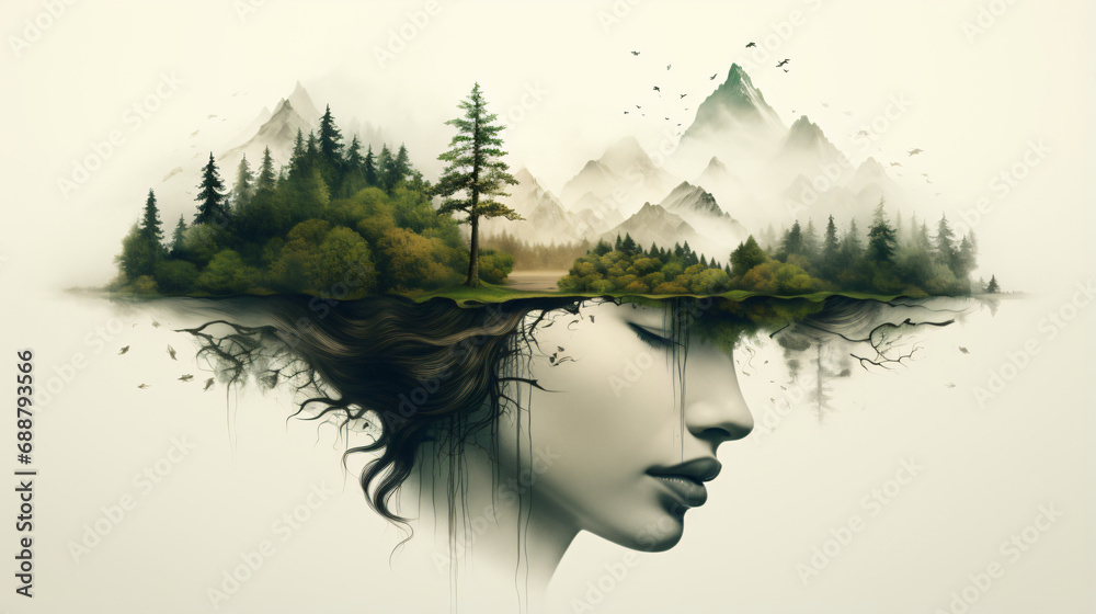 Human Head blended in dreaming Nature Forest on white background - obrazy, fototapety, plakaty 