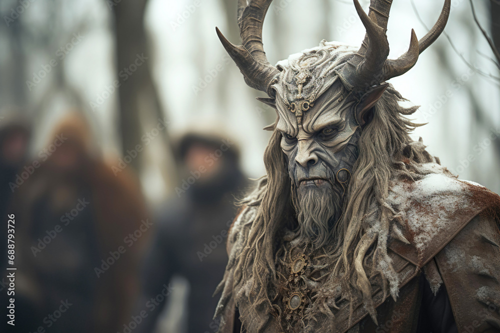 Krampus portrait. Krampus with horns walking in the winter forest. Krampus is a Christmas Devil or a Yule Lord. Krampus portrait. Krampus with horns walking in the winter forest. Krampus is a Christmas Devil or a Yule Lord.