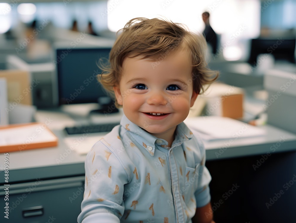 Smiling Baby's Office Adventure: Candid Capture Smiling Baby's Office Adventure: Candid Capture