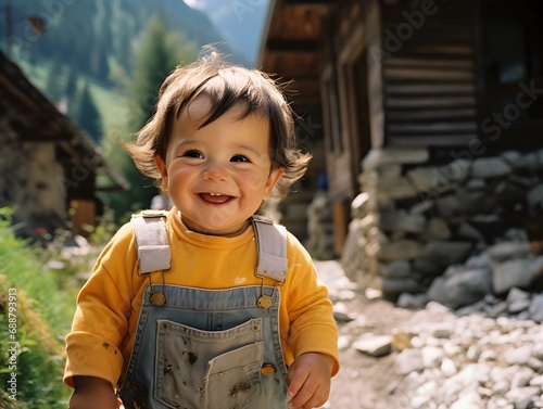 Outdoor Bliss: Smiling Baby in Alpine Cabin