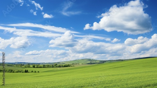 the green fields of the countryside under a blue sky