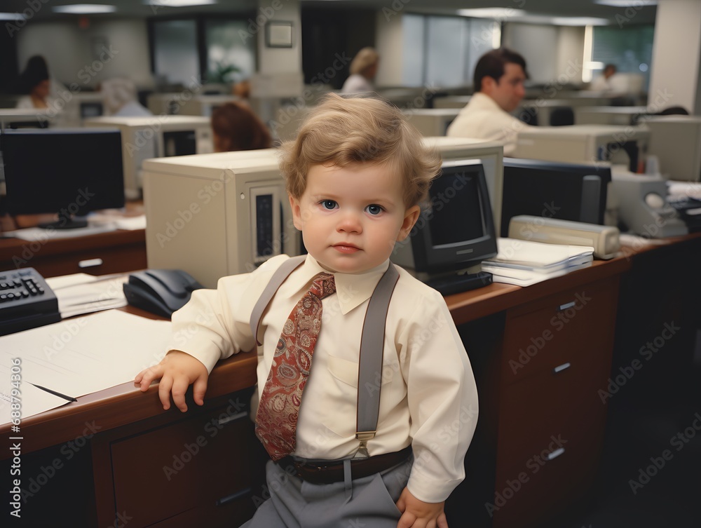 Baby's perplexed gaze amidst working professionals. Baby's perplexed gaze amidst working professionals.
