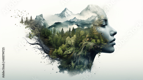 Human Head blended in dreaming Nature Forest on white background
