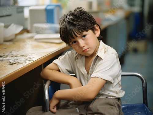 Tearful workday: Candid photo of a boy overwhelmed in the office
