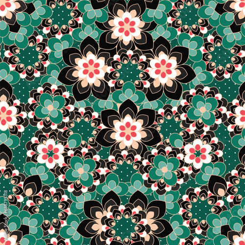 Geometric cherry blossom pattern inspired in eastern style tiles. Vector seamless pattern design for textile, fashion, paper, packaging, wrapping and branding