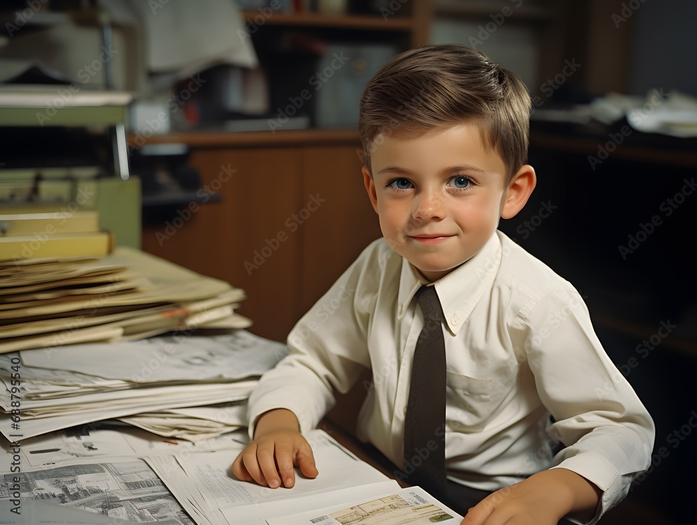 Genuine office moment: boy happily posing for the camera Genuine office moment: boy happily posing for the camera