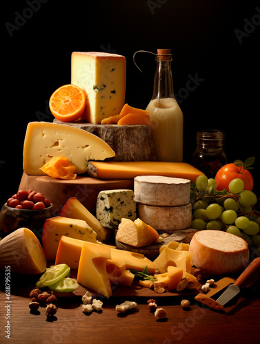 Cheese composition on a black background. Cheese platter with various cheeses.