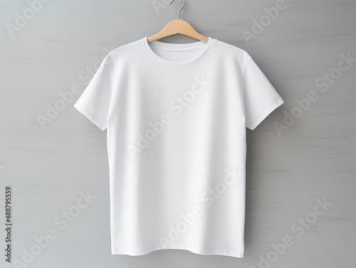 Blank white t-shirt mockup on wood hange