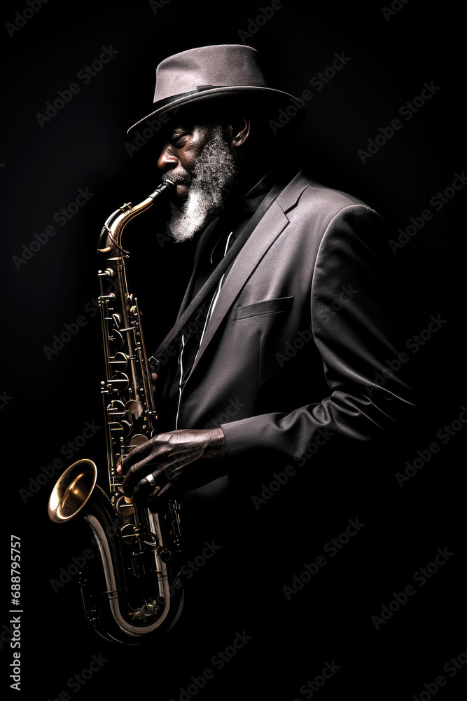 Naklejka premium African American jazz musician playing the saxophone