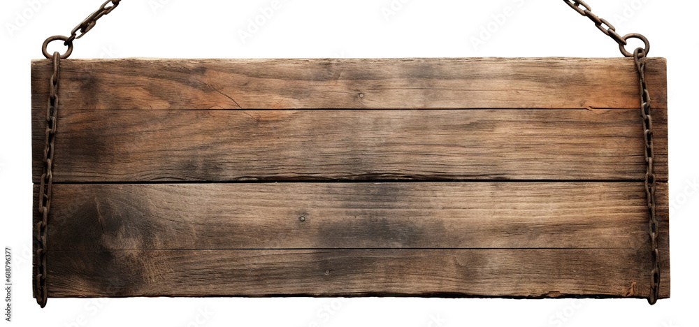 Weathered wooden sign hanging on a chain, cut out Weathered wooden sign hanging on a chain, cut out