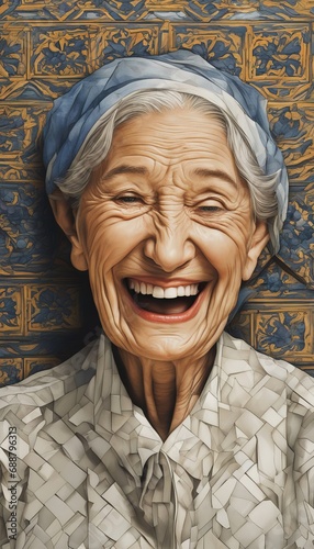 Abstract mosaic portrait of an elderly woman who smiles broadly against a background of patterned tiles