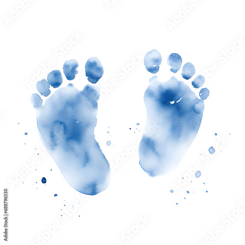 Blue baby footprints watercolor painting with white background 