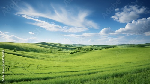 the green fields of the countryside under a blue sky © Amena