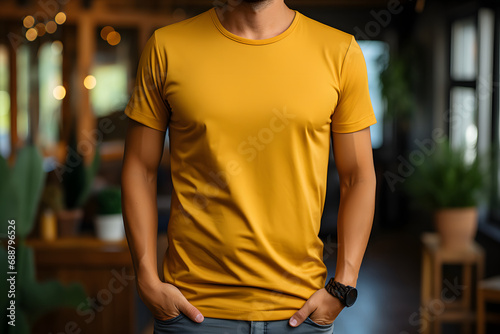 yellow blank mockup T-shirt, the creator of the scene. an empty space for your drawing. copy space.