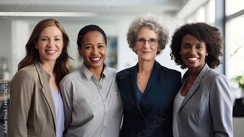 Womens Day. Labor Day. Interracial group of powerful independent executive women in the office Generative AI photo