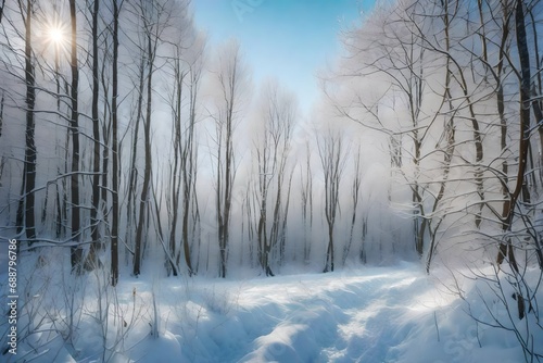 A snow-covered forest with glistening, sunlit branches on a crisp winter morning