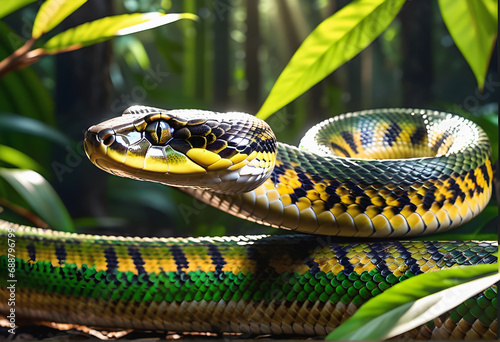 A captivating image featuring the jungle elegance of an anaconda coiled on a sturdy branch.