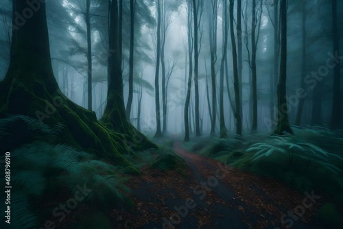 The ethereal atmosphere of an ancient forest shrouded in dense fog