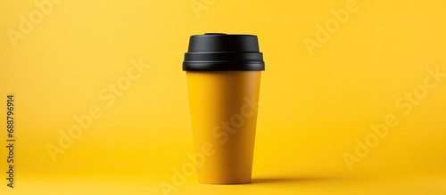 Reusable coffee thermos cup with lid for hot beverages, ideal for taking away in cold weather. Yellow background, eco-friendly design. Bring your own mug concept.