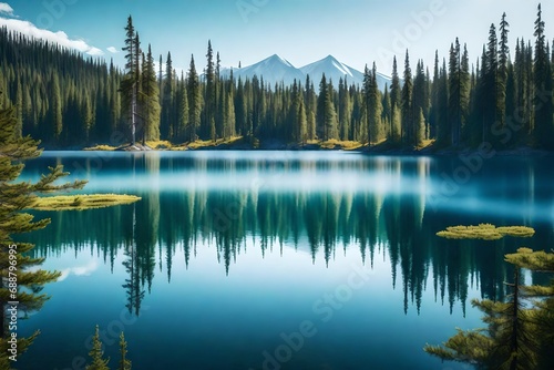 A serene taiga landscape with a crystal-clear lake framed by evergreen trees