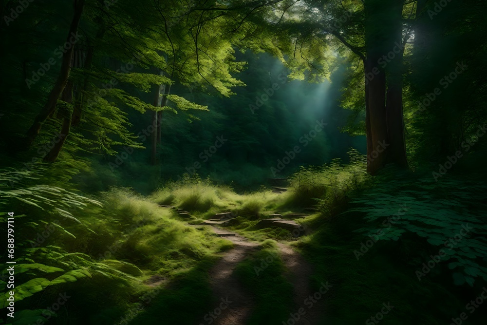 A forest clearing with an old, overgrown stone pathway disappearing into the trees