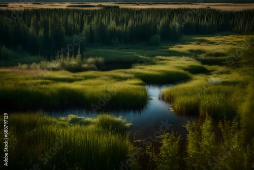 A tranquil boreal bog with a calm, reflective pool surrounded by wetland vegetation