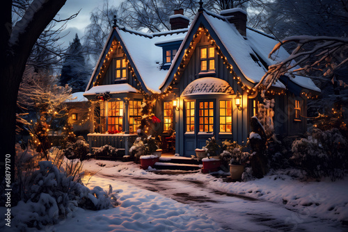 Christmas house with garlands, festive atmosphere of the new year. Beautiful outdoor decor.