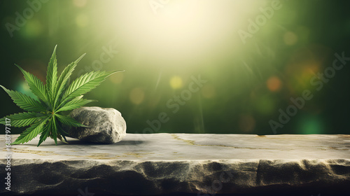 Harmonische Komposition: Grüne Marihuana-Pflanze auf Steintisch für Hanfölprodukt-Montage - KI generiert Mockup Background photo
