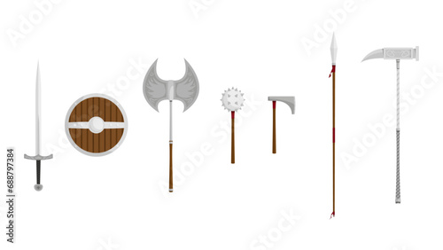 A large set of detailed medieval weapons isolated on a white background. Included: sword, shield, mace with spikes, axe, battle axe (labrys), spear, steel hammer. Vector illustration. photo
