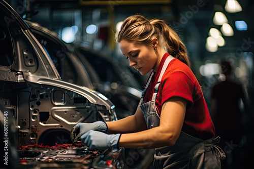 Female machanic employee working on a car assembly line