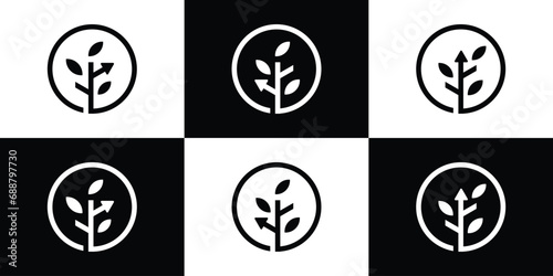 Tree Gowth Logo Designs. Circle Tree Leaf and Arrow with Minimalist Style. Icon Symbol Vector Design Template.