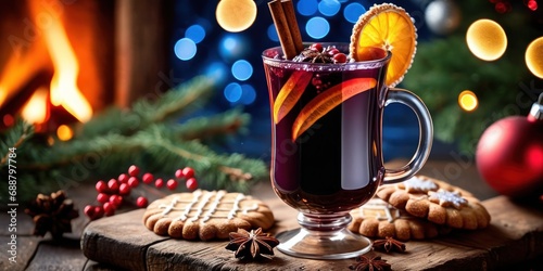 Hot spicy Christmas gluhwein, or mulled red wine with sugar and spices, served with cookies on rustic wood with a twinkling bokeh of party lights in the background photo