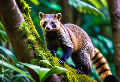 A delightful image capturing the playful and adventurous spirit of a coati climbing in its natural habitat. photo