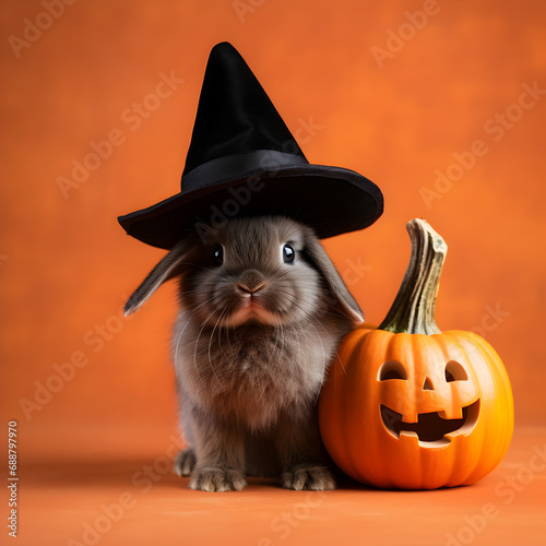 Halloween rabbit wearing a witch hat with a jack o lantern and orange background 