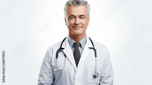 mature doctor posing and smiling at camera, healthcare and medicine on white background