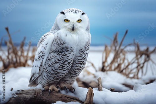 White snowy owl sitting in nature portrait. Creature