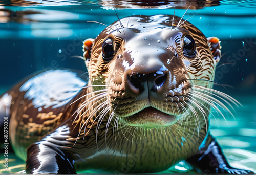 An endearing image capturing the playful waterside charm of a giant otter in its habitat photo