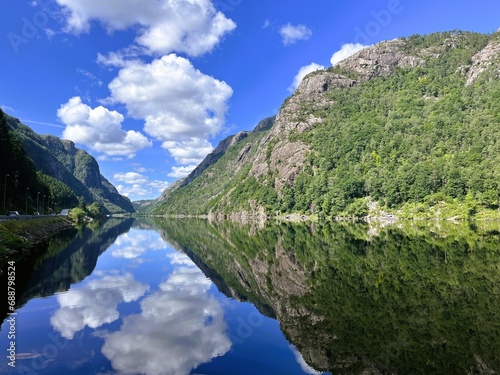 reflection of clouds and mountain in river