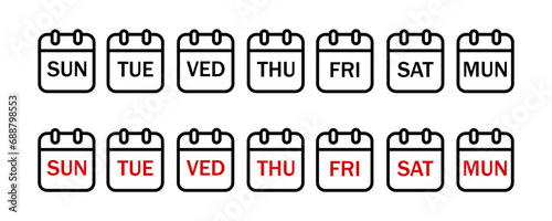 Calendar icons for each day of the week. Set of black calendar icons with red inscriptions of days. Vector illustration on a white background, eps10 photo