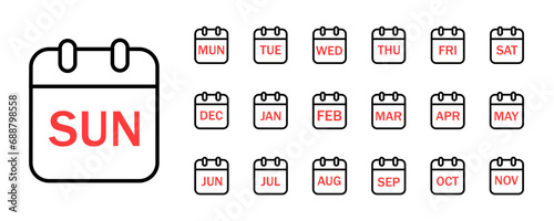 Calendar icons for each day of the week. Set of black calendar icons with red inscriptions of days. Vector illustration on a white background, eps10