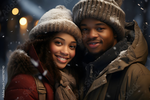 a couple in love walks under the snowfall. boyfriend and girlfriend. photo