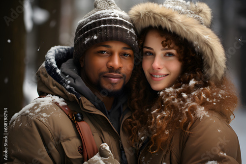 a couple in love walks under the snowfall. boyfriend and girlfriend.