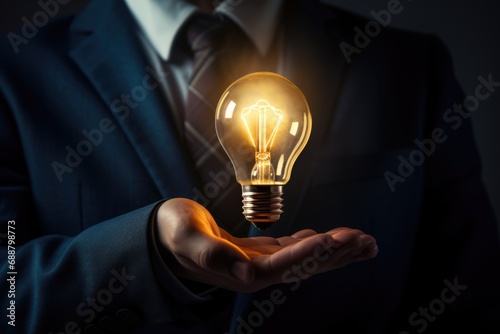 A man dressed in a suit holding a light bulb. Versatile image for business, creativity, and innovation concepts