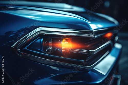 A close-up view of the front of a blue car. Suitable for automotive and transportation-related designs © Vladimir Polikarpov