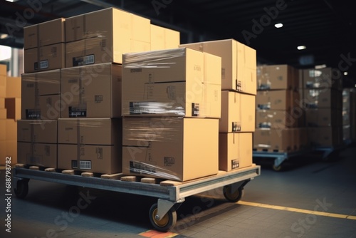 A dolly truck with boxes on it in a warehouse. Versatile image for various business and logistics concepts
